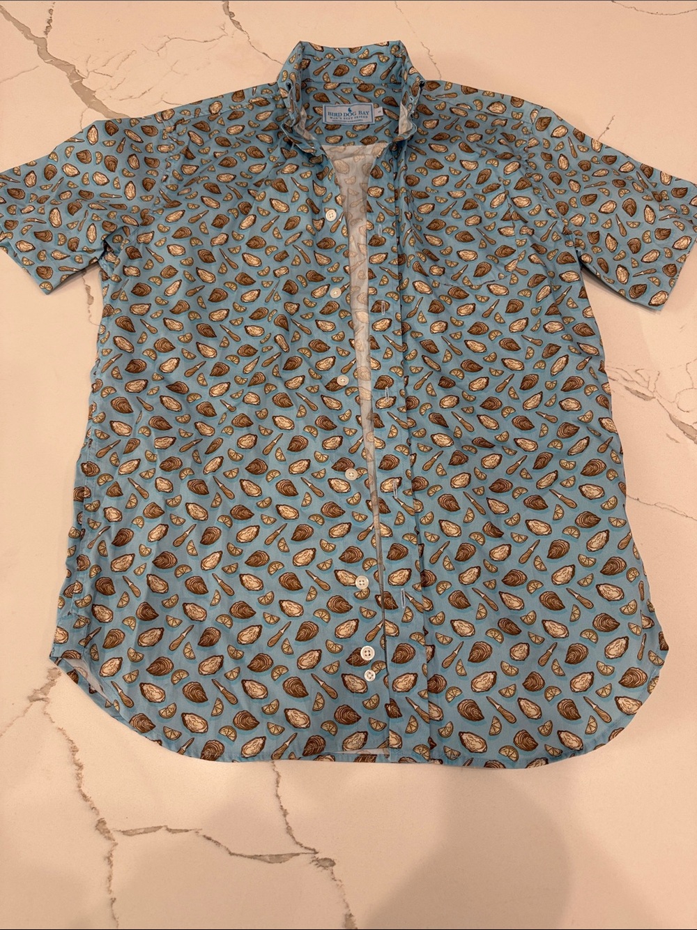 Bird Dog Bay Light Blue Short-Sleeve Button-Down with Oyster Print